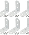 Heavy Duty White Corner Brace L Brackets For Furniture Repair Pack Of Twenty With Reinforced Steel Core To Keep Wooden Pieces Rock Solid And Tighten Loose Joints Without Any Sweat, showing six brackets with screws.