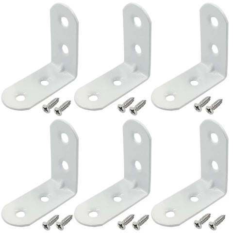 Heavy Duty White Corner Brace L Brackets For Furniture Repair Pack Of Twenty With Reinforced Steel Core To Keep Wooden Pieces Rock Solid And Tighten Loose Joints Without Any Sweat, showing six brackets with screws.