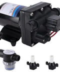 12V DC Diaphragm Water Pump Self Priming 3.0 GPM At 55 PSI For RVs Boats with strainer and fittings shown