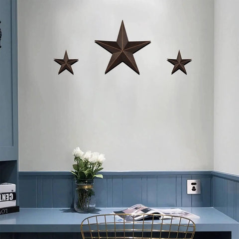 Rustic Metal Barn Star Wall Decor made from recycled iron with vintage finish installed on home wall, includes screws and anchors.