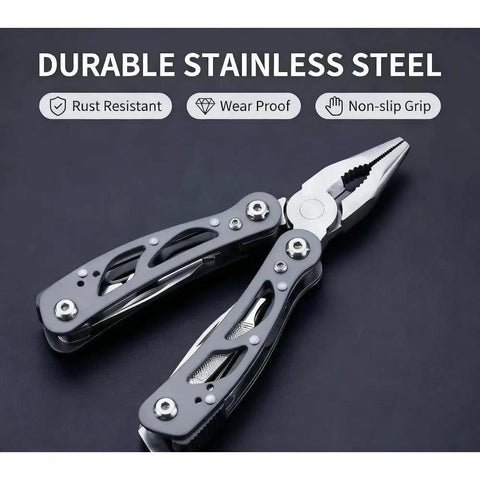 Ultra Compact Mini Folding Multitool with Pliers and Wire Cutters Screwdrivers Bottle Opener and More Pro Grade Stainless Steel on display