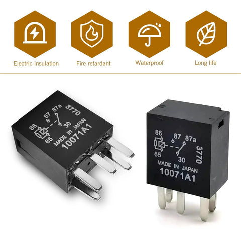 Two Piece Fuel Pump Relay Set Featuring Heavy Duty 12 Volt 30 Amp Wiring With IP67 Rugged Build, showing two relays with five pin design.