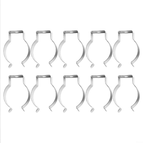 Image of ten piece stainless steel spring terry clips for tool organization in garage cabinets, securely hang tools, brooms, and brushes.
