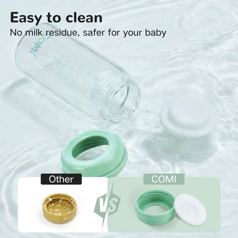 Knock Out Wide Neck Glass Breastmilk Bottles Two Pack With Secure Screw Ring And Removable Marking Lid Bpa Free in a clean setting.