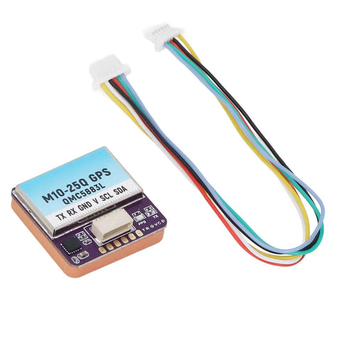 M10-25Q Pro Grade GPS Module For FPV Racing Drones With High Sensitivity Tracking And 72 Channels, 10Hz Refresh, shown with wiring harness