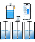 Diagram of smart WiFi water level sensor system with Tuya app showing tank levels, ultrasonic sensors mounted on tanks, and app interface screen.