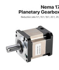 Top Shelf Nema17 Planetary Gearbox Motor Speed Reducer with metallic casing, visible shaft, and reduction ratios 5:1 to 25:1.
