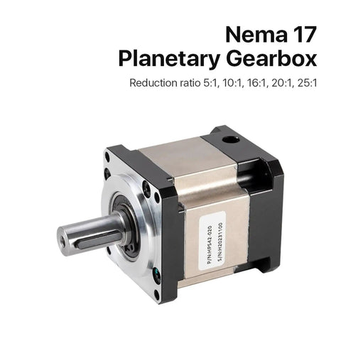 Top Shelf Nema17 Planetary Gearbox Motor Speed Reducer with metallic casing, visible shaft, and reduction ratios 5:1 to 25:1.