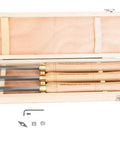 Three-piece lathe tool set with wooden handles and carbide tips in a wooden case by Viking Mountain Tool Works