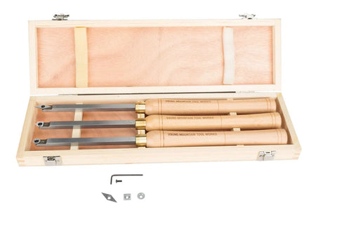 Three-piece lathe tool set with wooden handles and carbide tips in a wooden case by Viking Mountain Tool Works