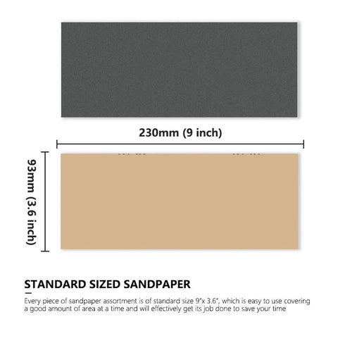 Top Shelf Sandpaper Set 4 Pieces Water Dry Sanding Sheets Grits 80 To 5000, showing two pieces, 9x3.6 inches, for polishing.