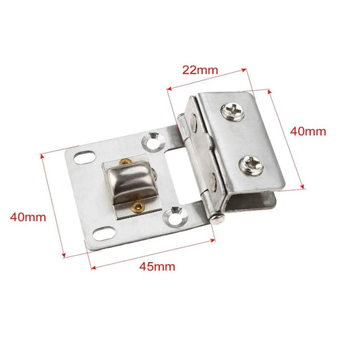 2 Pack Glass Door Hinges Self Closing Frameless Side Mounted Clamps for Wine Cabinet and Display Cabinet, stainless steel, dimensions visible