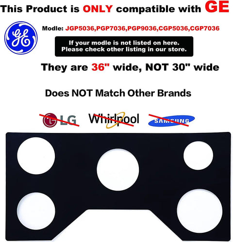 36 Inch Gas Range Protectors For GE Ranges, Ultra Thick 0.4mm Nonstick Burner Liners, outline and compatibility display.