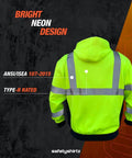 Hi Vis Hoodie For Men Class 3 Type R Meets ANSI ISEA 107 2015, yellow XX, back view showing reflective panels and hood.