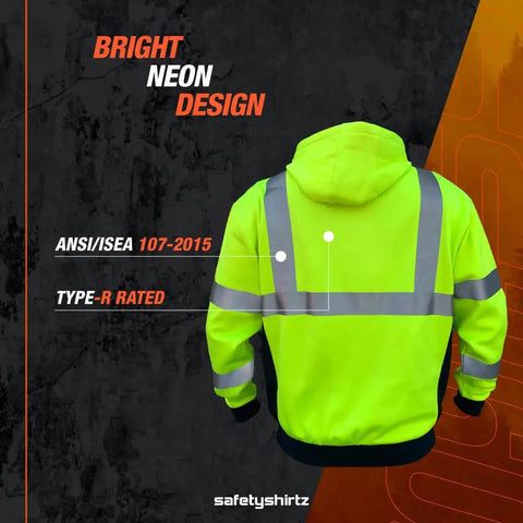 Hi Vis Hoodie For Men Class 3 Type R Meets ANSI ISEA 107 2015, yellow XX, back view showing reflective panels and hood.