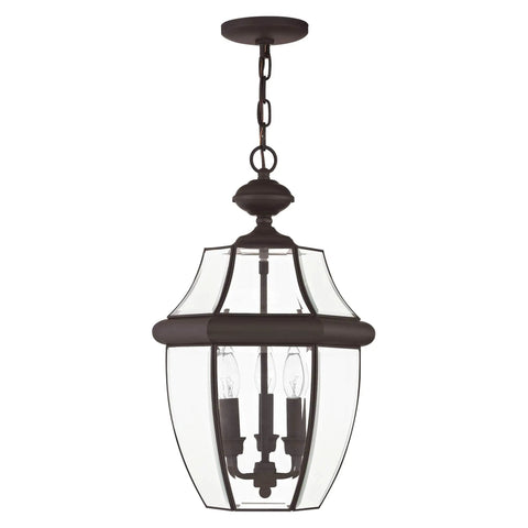 Monterey 3 Light Outdoor Hanging Lantern In Bronze Finish Solid Brass Construction Clear Beveled Glass Traditional Outdoor Lighting Fixture For Porch Patio Or Entryway