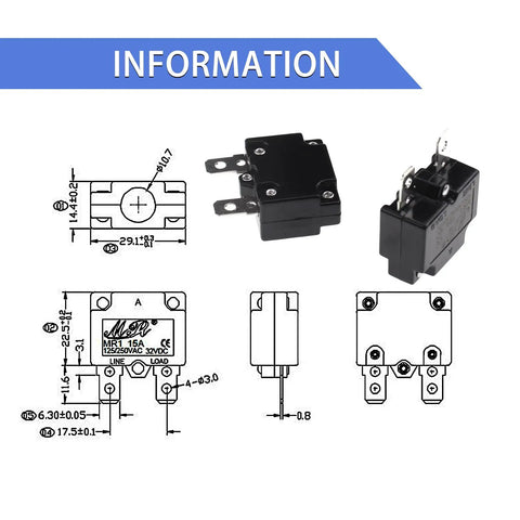 Auto Reset Thermal Circuit Breaker 5 Pack 125V 250V AC 32V DC 20A specifications and dimensions