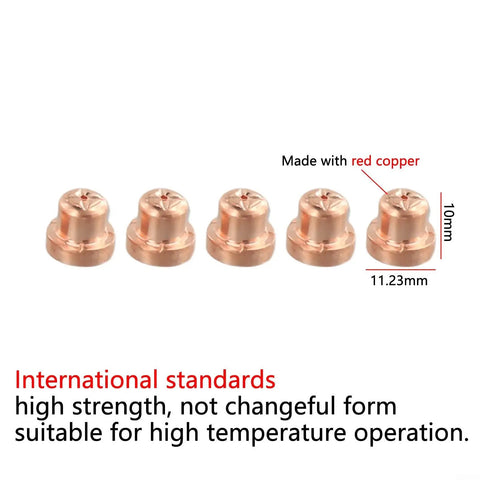 Premium 20-Pack Plasma Cutter Consumables For PT-31 Torch Nozzle Tips Electrodes - five red copper nozzle tips, 10mm height.