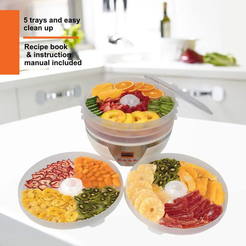 Kickass Efficient Digital Food Dehydrator Featuring Five Generous Trays And Smart Temperature Controls For Whipping Up Crunchy Jerky Dried Fruits And Savory Herb Flakes Fast with dried fruits on trays.