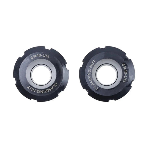 Top view of two ER40-UM clamping nuts for ER 40 Square And Hex Collet Chuck Block Set For Milling Machines And CNC Lathes