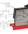 Effortless 35mm DIN rail cutter with built-in guide and measuring ruler for clean, precise cuts shown with technical diagrams.