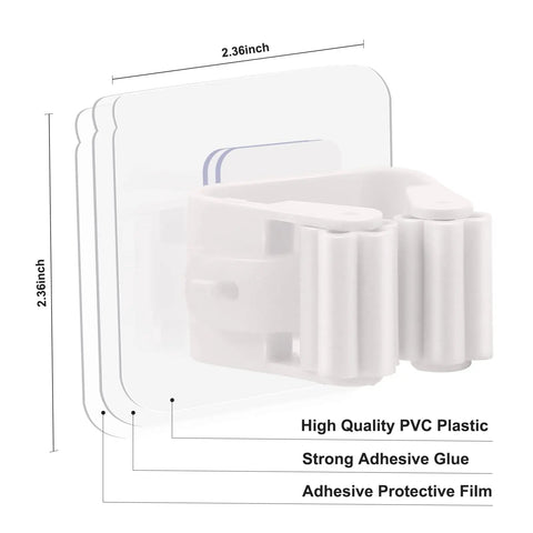 8 Piece Broom And Mop Wall Mount Kit with Self Adhesive No Drill Anti Slip Organizer, PVC plastic holder with dimensions