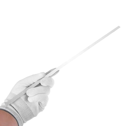Person holding Six Pack Square Aluminum Flat Bar Workhorse One Eighth Inch Thick Five Sixteenth Inch Wide Sixteen Inch Long 6061 Aluminum Alloy Flat