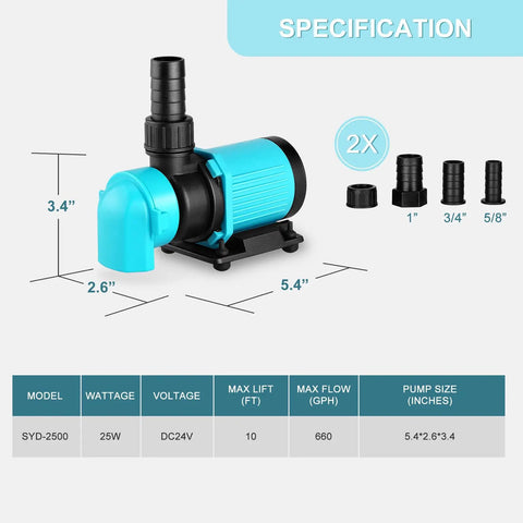 No Fuss 660 GPH Aquarium Return Pump With LCD Controller DC 24V 25W 20 Speed ECO Quiet Submersible Inline Pump diagram