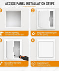 Installation steps for Heavy Duty Aluminum Access Panel Slick Flush Drywall Cover showing how to drill, snap, and secure.