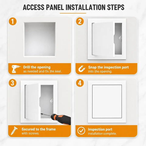 Installation steps for Heavy Duty Aluminum Access Panel Slick Flush Drywall Cover showing how to drill, snap, and secure.