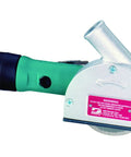 Right Angle Vacuum Cut Off Wheel Tool With 3 Inch Diameter And 12000 Rpm For Tough As Nails Cutting And Zero Dust Cleanup Shop Ready Diamond Compatible Workhorse gray body and green handle with attached vacuum port