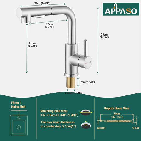 Bar Sink Faucet With Pull Out Sprayer Stainless Steel Kitchen Faucet With Single Handle Compact Mini Faucet For RV Outdoor Without Deck Plate Brushed Nickel Finish Nine Inch Height Lead Free And Rust Resistant with dimensions and fitting details.