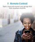 Person using phone to control Smart Garage Door Opener Remote for HomeKit Alexa Google Assistant and SmartThings No Hub Needed