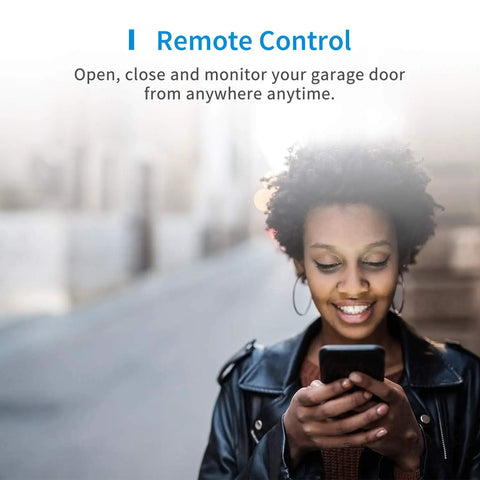 Person using phone to control Smart Garage Door Opener Remote for HomeKit Alexa Google Assistant and SmartThings No Hub Needed