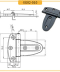 Technical drawing and design of folding hinge for industrial cabinet doors, black plastic hinge for electrical panels and cabinets.
