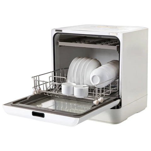 Portable Countertop Mini Dishwasher Featuring Four Quick Wash Cycles And Slick High Heat Sanitizing Plus Seamless Air Dry For No Muss No Fuss Apartment Dorm Or Road Trip Setup with dishes loaded.