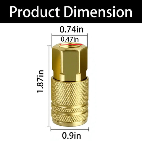 Brass coupler with dimensions, part of Beefy 1/4 Inch NPT Brass Quick Connect Fittings Set For Air Compressors And Pneumatic Tools.