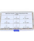 Boeray 115pc SAE Zerk grease fittings assortment in clear plastic case; brass fittings, straight and angled.