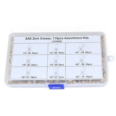 Boeray 115pc SAE Zerk grease fittings assortment in clear plastic case; brass fittings, straight and angled.