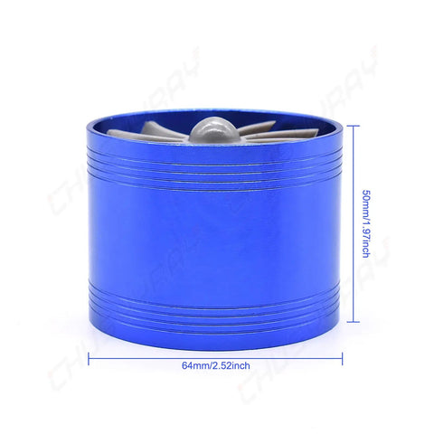 Universal Car Air Intake Turbo Turbine Charger Single Fan Gas Saver 64mm Inlet in blue aluminum, front view with measurements.