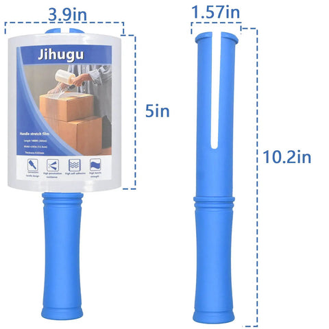 Two Pack Heavy Duty Stretch Wrap Film With Easy Spin Winding Handle And 80 Gauge Self Adhesive Pallet Rolls shown with blue handle illustration.