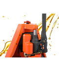 Close-up view of the Electric Pallet Jack Truck With 3300 Lb Capacity Beefy Motorized Lift, orange with hydraulic component visible.