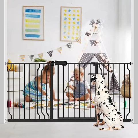 Black walk through baby gate for stairs 34 to 38.5 inches wide, with door pressure mounted, no drill safety, shown with kids and dog