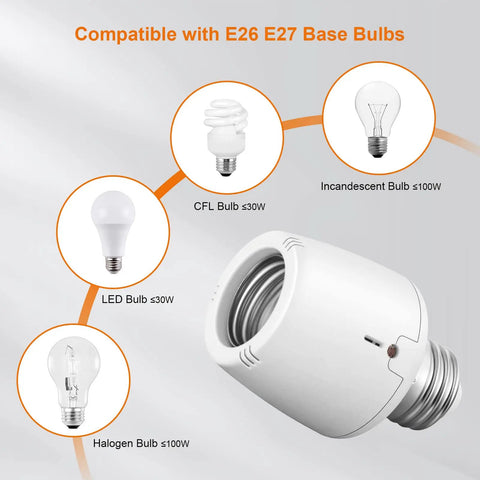 Outdoor Dusk To Dawn Light Socket Adapter With Photocell Sensor E26 E27 showing compatibility with LED CFL Halogen Incandescent bulbs