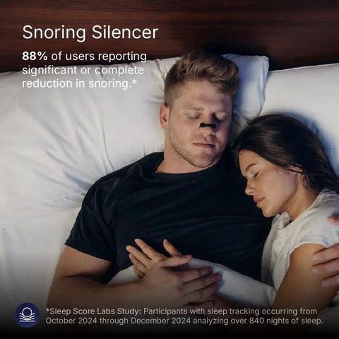 Couple sleeping with Magnetic Nasal Strips Starter Kit With Reusable Band And Tabs For Sleep Snoring Breathing And Sports on man
