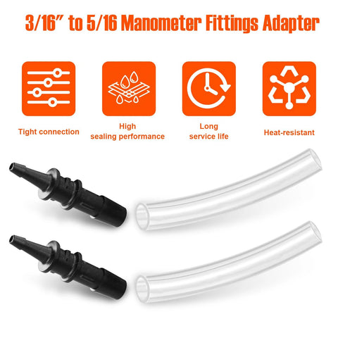 Manometer tube adapters, 2 pcs, 3/16 in to 5/16 in fittings with clear pressure tubes and black plastic connectors