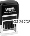Slick S120 Self Inking Date Stamp With Black Ink And Half Inch Impression Size featuring clear date imprint OCT 20 2033 and ergonomic design.