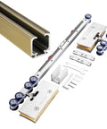 Sliding Glass Shower Door Hardware Kit With Silent Rollers And Aluminum Alloy Track Soft Close Pocket Barn Closet Bypass System Ceiling Mounted Champagne Finish 1.4 M Length Tough Aluminum Rail For Smooth Quiet Operation Easy Install components laid out, including champagne finish aluminum rail and silent rollers.