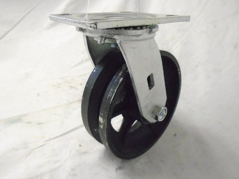 Side view of a swivel caster with metal mounting plate; black 6x2 inch iron/steel wheel.