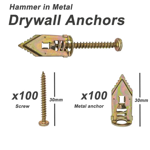 Heavy Duty Drywall Anchors Self Tapping Screws Kit For Plasterboard And Steel Walls 60 Pcs No Prep Self Drilling Install Rust Resistant Yellow Zinc Plated Carbon Steel, 30mm metal anchor and screw